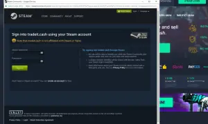 Ekran logowania do tradeit.cash przez konto Steam, z polami na nazwę użytkownika i hasło.