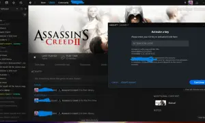 Okno Ubisoft Connect z polem do wpisania kodu aktywacyjnego gry Assassin's Creed II.