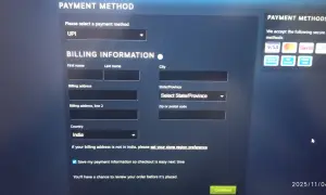 Formularz Steam do wprowadzania danych rozliczeniowych, z zaznaczoną opcją płatności UPI i krajem Indie.