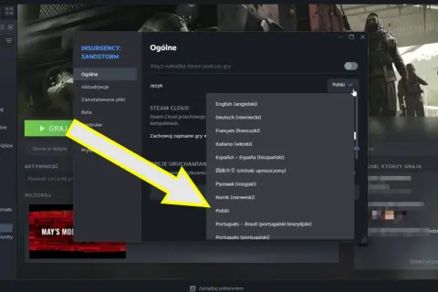 Okno Steam z menu wyboru języka gry, gdzie zaznaczony jest język polski.