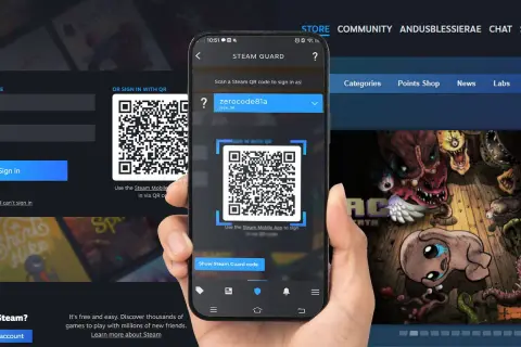 Telefon skanuje kod QR Steam na ekranie komputera, aby się zalogować.