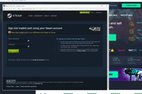 Ekran logowania do tradeit.cash przez konto Steam, z polami na nazwę użytkownika i hasło.