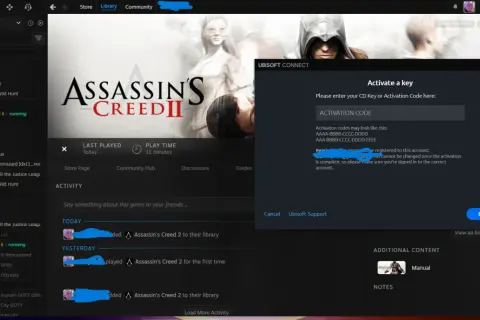 Okno Ubisoft Connect z polem do wpisania kodu aktywacyjnego gry Assassin's Creed II.