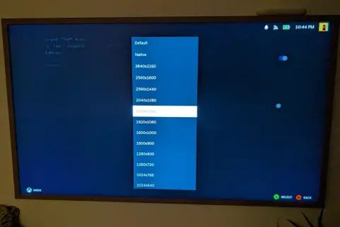 Ekran telewizora z menu wyboru rozdzielczości gry, z podświetloną opcją 1920x1200.