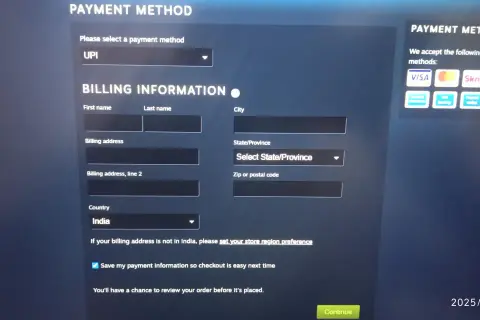 Formularz Steam do wprowadzania danych rozliczeniowych, z zaznaczoną opcją płatności UPI i krajem Indie.