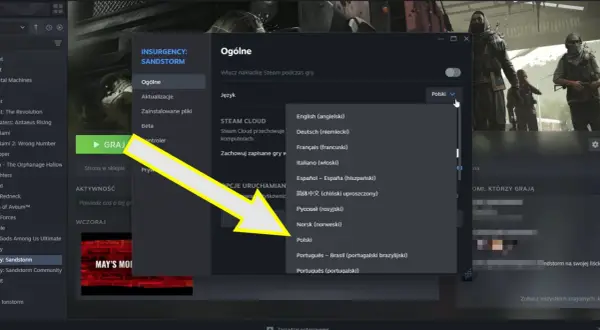 Okno Steam z menu wyboru języka gry, gdzie zaznaczony jest język polski.