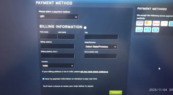 Formularz Steam do wprowadzania danych rozliczeniowych, z zaznaczoną opcją płatności UPI i krajem Indie.