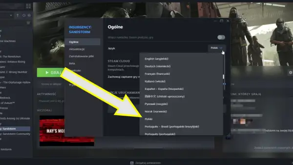 Okno Steam z menu wyboru języka gry, gdzie zaznaczony jest język polski.