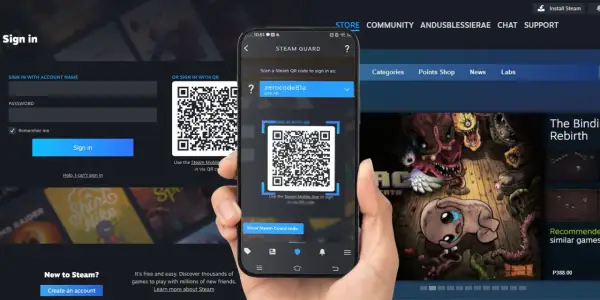 Telefon skanuje kod QR Steam na ekranie komputera, aby się zalogować.