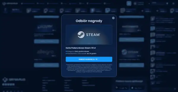Okno dialogowe z logo Steam i informacją o karcie podarunkowej na 110 zł.