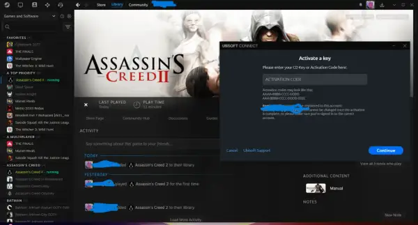 Okno Ubisoft Connect z polem do wpisania kodu aktywacyjnego gry Assassin's Creed II.